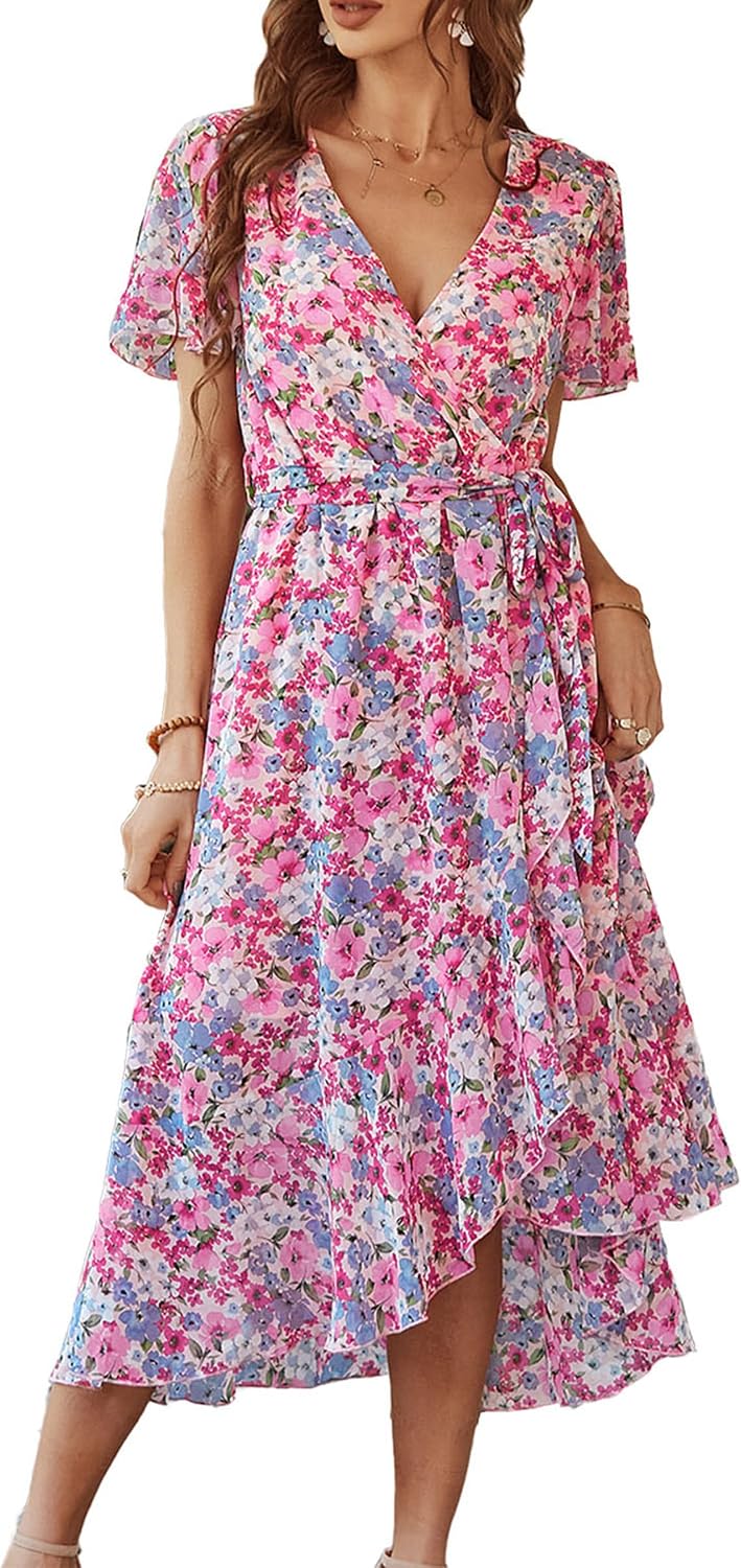 PRETTYGARDEN Women's Summer Floral Boho Maxi Dress | Short Sleeve Wrap V Neck, Long Flowy Ruffle Dresses, Spring Wedding Guest Outfits for Beach Vacation, Resort Wear, Tea Party