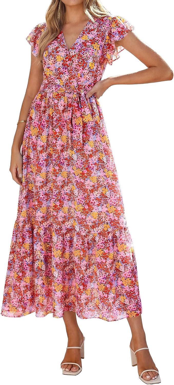 PRETTYGARDEN Women's Summer Floral Boho Maxi Dress | Short Sleeve Wrap V Neck, Long Flowy Ruffle Dresses, Spring Wedding Guest Outfits for Beach Vacation, Resort Wear, Tea Party
