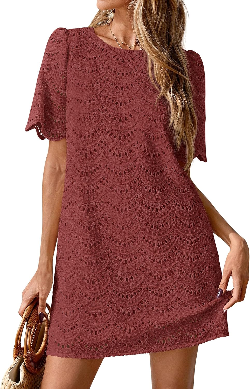 PRETTYGARDEN Women's Summer Eyelet Lace Short Dress | Hollow Out Embroidered, Short Sleeve Crewneck, Cute Wavy Cuff, Mini Shift, Boho Casual, Elegant Party, Beach Vacation Clothes