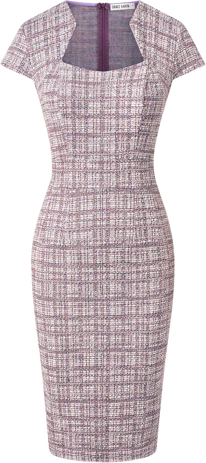 GRACE KARIN Work Dresses for Women Tweed Pencil Dress | Cap sleeve, Knee-length, Zipper back, Sweetheart neck, Stretch fabric, Formal office work business sheath dress