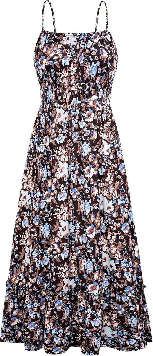 GRACE KARIN Summer Dresses for Women 2026 Vacation Boho Maxi Sundress | Casual, Smocked Waist, Floral Printed, Spaghetti Strap, Sleeveless, Beach Dresses With Pockets, Fashion Outfits