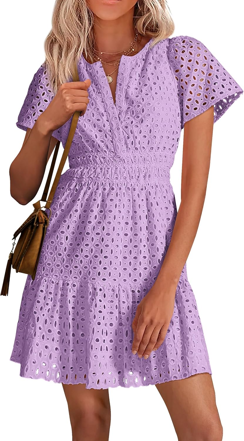 PRETTYGARDEN Women's Summer Eyelet Lace Short Dresses | Embroidered Hollow Out, Short Sleeve V Neck, Ruffle A Line, Cute Casual Trendy, Party Wedding Guest, Beach Vacation Clothes