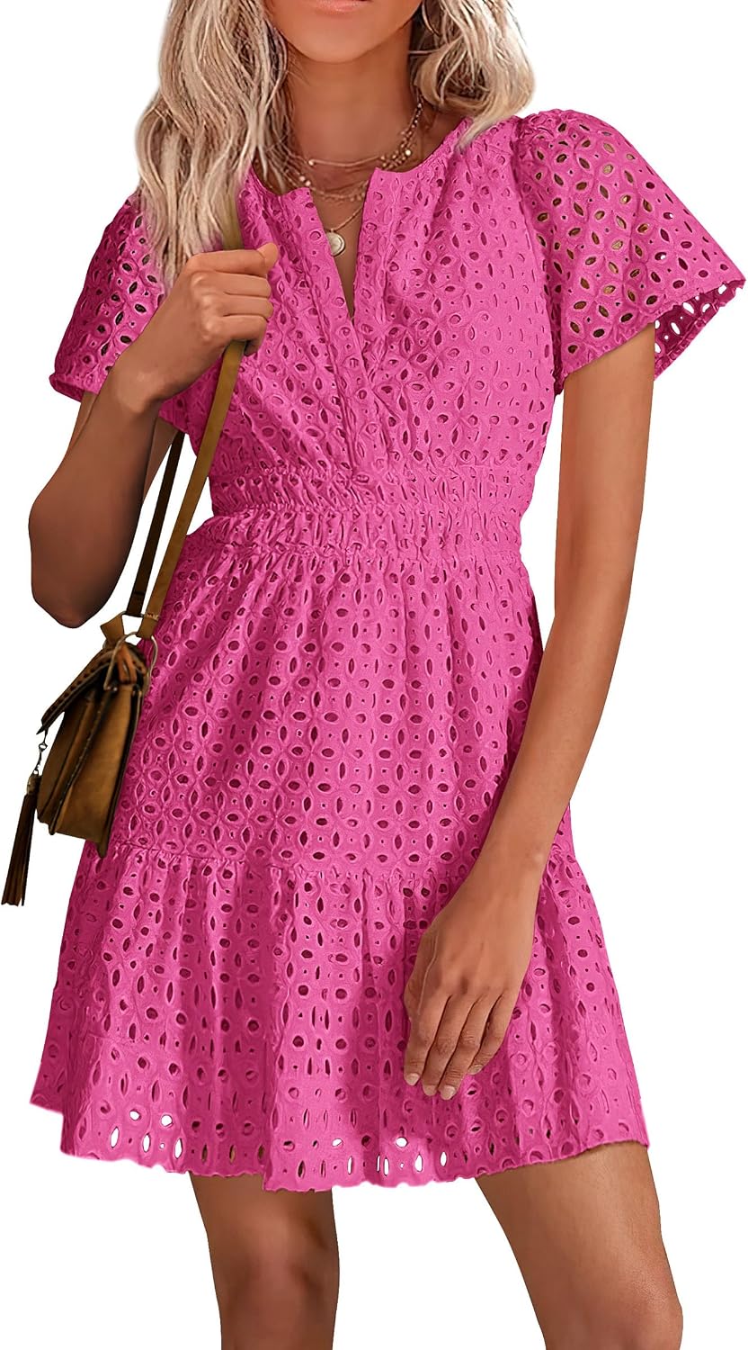 PRETTYGARDEN Women's Summer Eyelet Lace Short Dresses | Embroidered Hollow Out, Short Sleeve V Neck, Ruffle A Line, Cute Casual Trendy, Party Wedding Guest, Beach Vacation Clothes