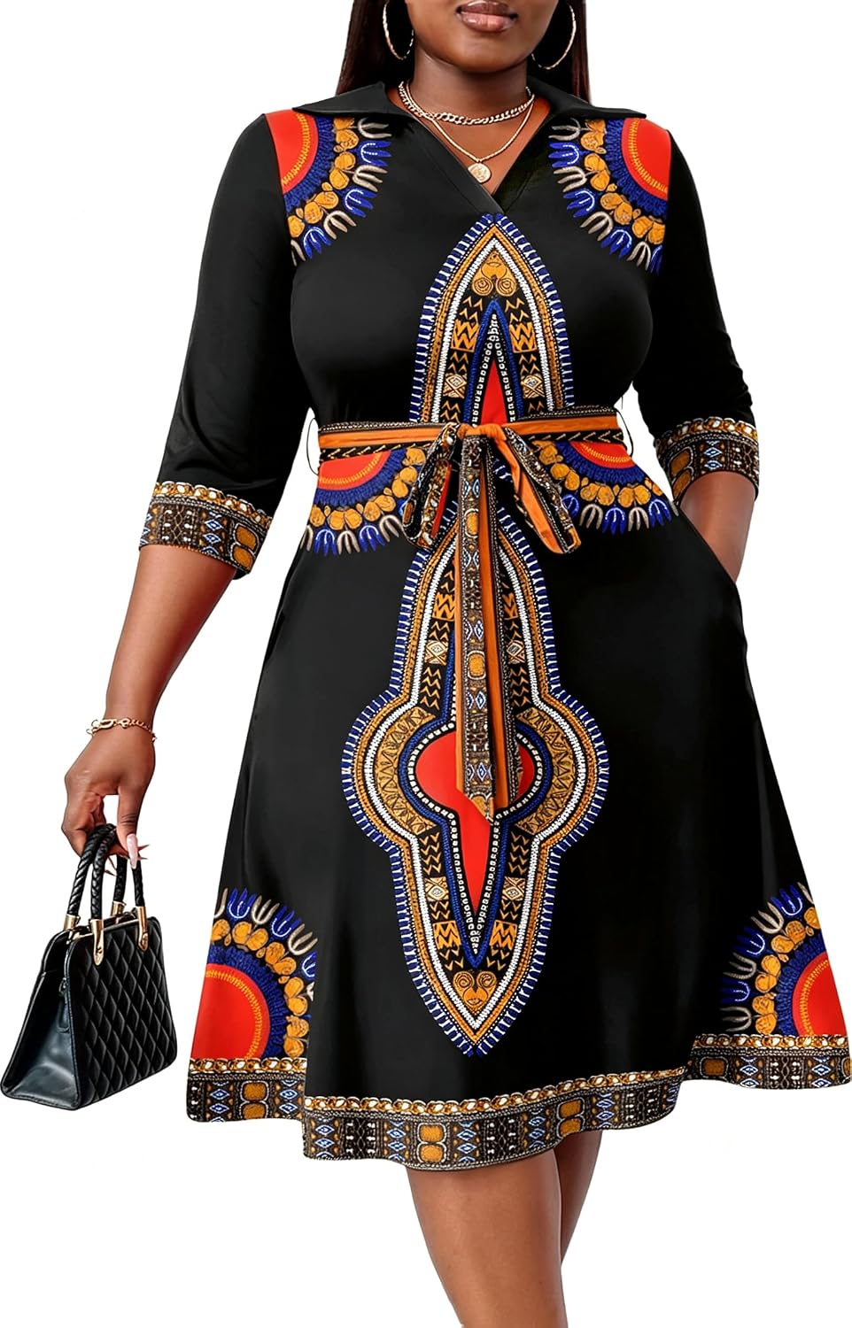 FANDEE Plus Size Midi Dress for Women Casual - Fit and Flare Summer Dresses | Semi Formal,African Print,Polo Collar Cocktail Dress,With Pockets And Belt