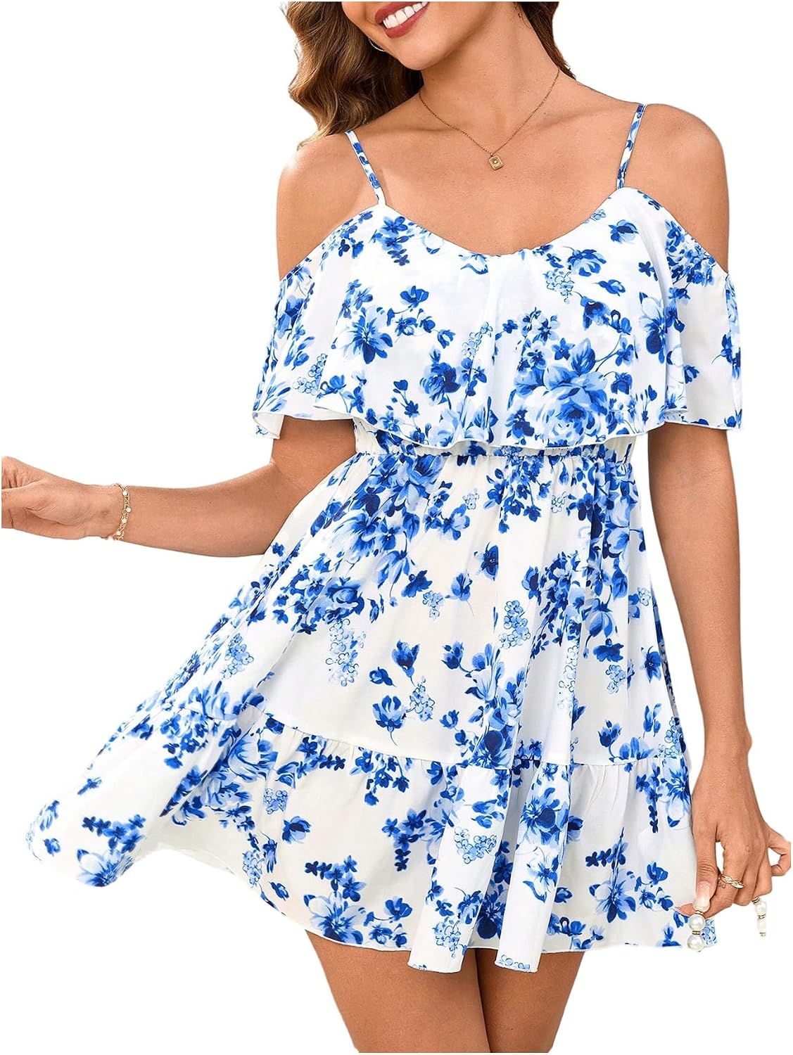 SOLY HUX Women's Summer Floral Mini Dress Cold Shoulder Ruffle Dresses | Boho, Short Sleeve, A Line, Vacation, Sundress