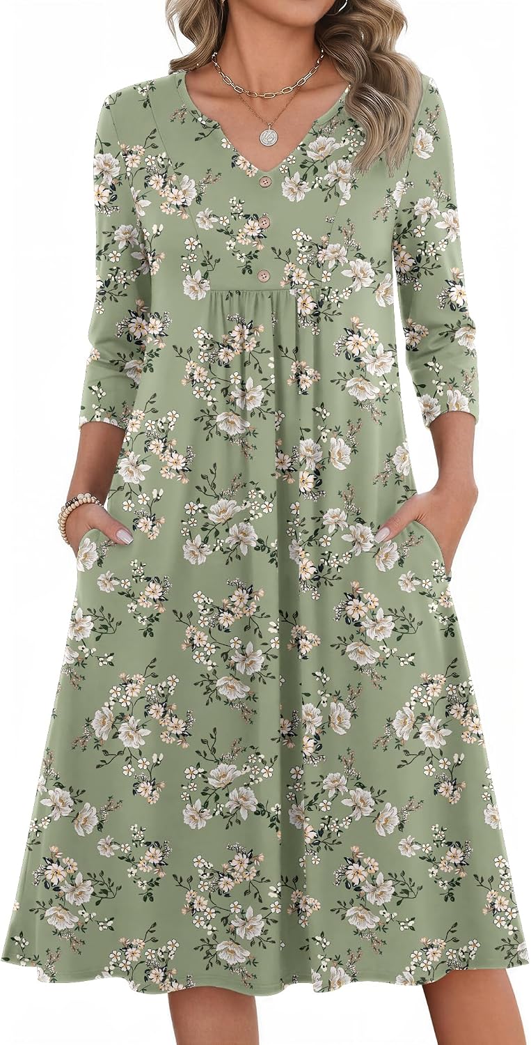 Zeagoo Womens Dresses 3\/4 Sleeve Casual Fall A Line Midi Dress with Pockets | V Neck Empire Waist Sundress, Button Decor, Floral, Boho, Solid Color, Loose Fit, Flowy, Vacation Sundresses