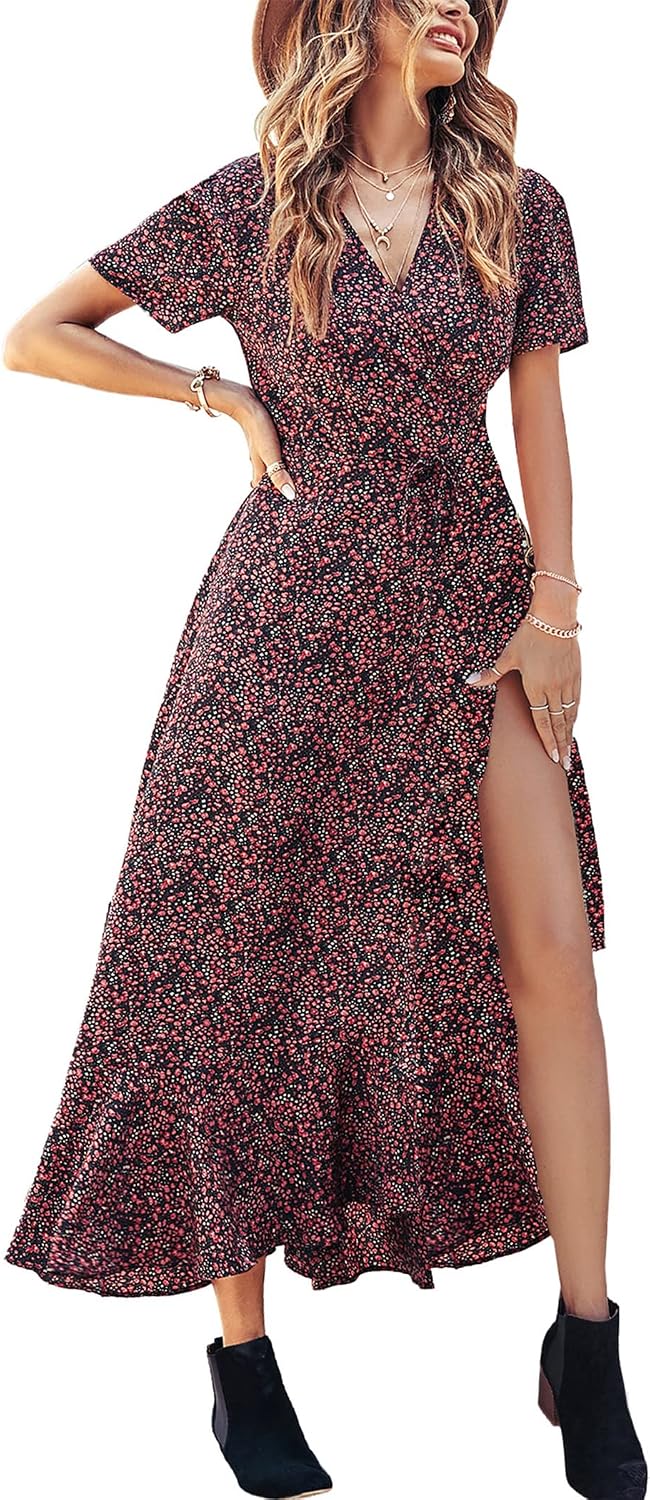 PRETTYGARDEN Women's Boho Floral Summer Maxi Dresses | Short Sleeve Wrap V Neck, Long Flowy Sundress, Spring Wedding Guest Party Outfits, Ruffle Beach Vacation Dress, Resort Wear