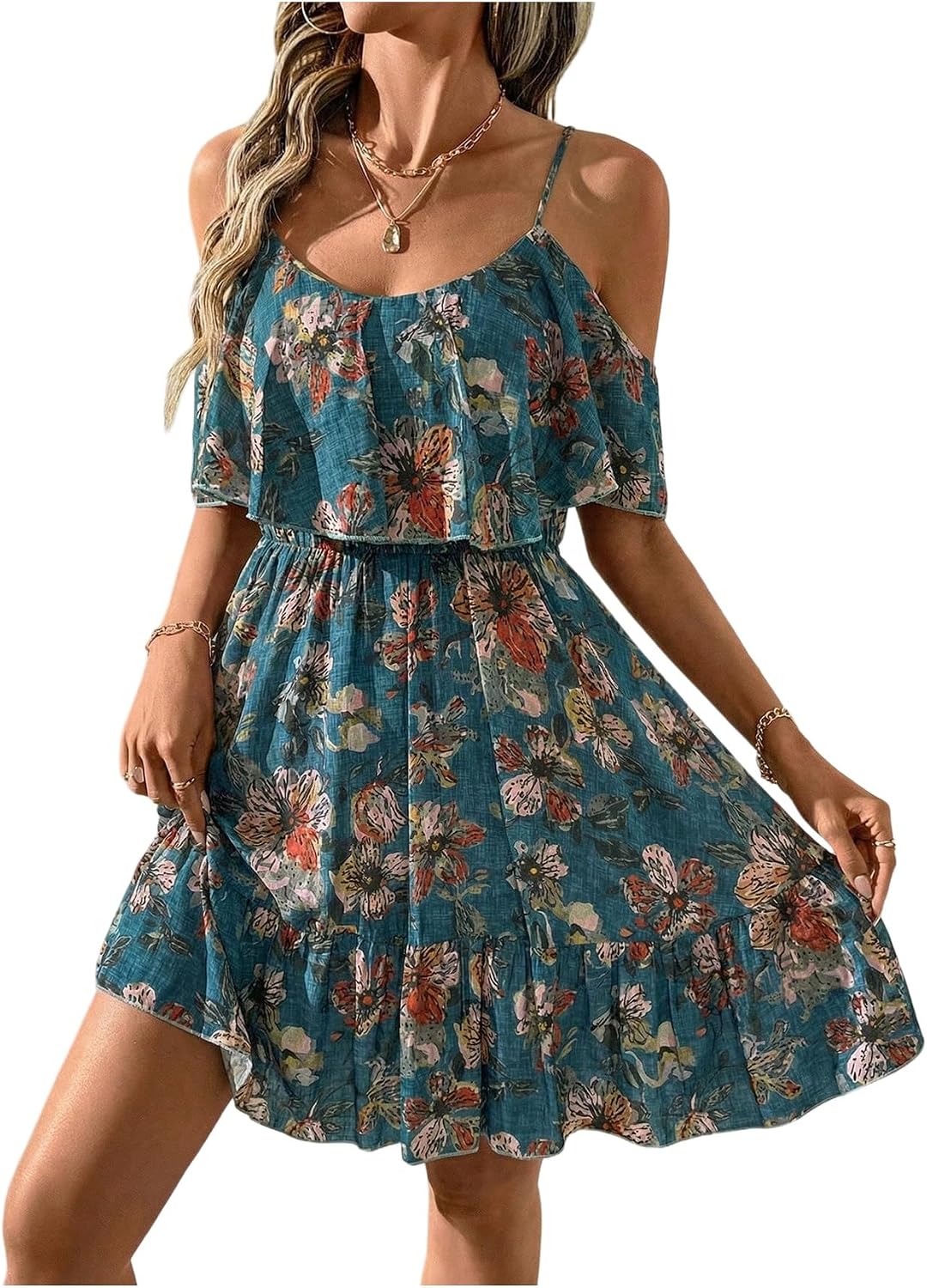 SOLY HUX Women's Summer Floral Mini Dress Cold Shoulder Ruffle Dresses | Boho, Short Sleeve, A Line, Vacation, Sundress