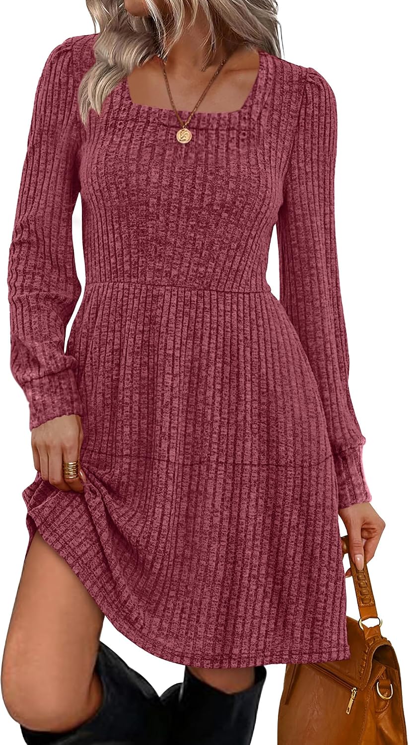 Sampeel Womens Square Neck Long Sleeve Fall Dresses Casual Babydoll Sweater Dress