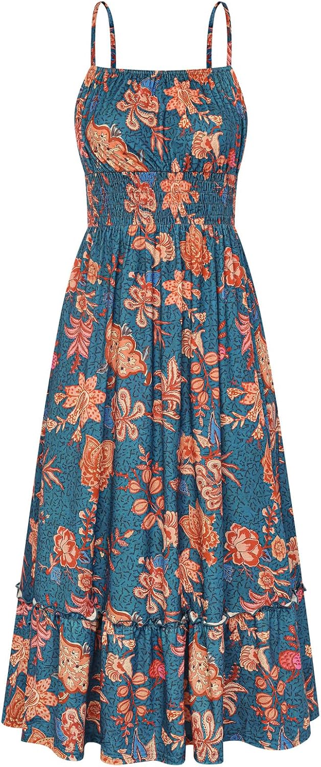 GRACE KARIN Summer Dresses for Women 2026 Vacation Boho Maxi Sundress | Casual, Smocked Waist, Floral Printed, Spaghetti Strap, Sleeveless, Beach Dresses With Pockets, Fashion Outfits