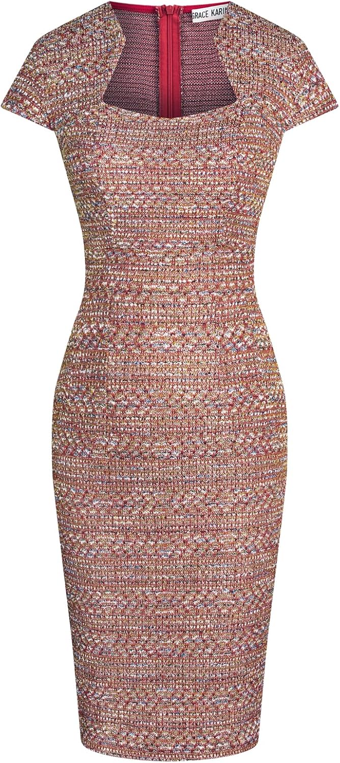 GRACE KARIN Work Dresses for Women Tweed Pencil Dress | Cap sleeve, Knee-length, Zipper back, Sweetheart neck, Stretch fabric, Formal office work business sheath dress