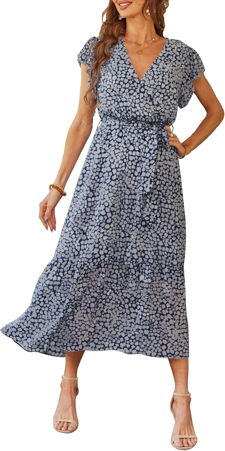 PRETTYGARDEN Women's Summer Floral Boho Maxi Dress | Short Sleeve Wrap V Neck, Long Flowy Ruffle Dresses, Spring Wedding Guest Outfits for Beach Vacation, Resort Wear, Tea Party
