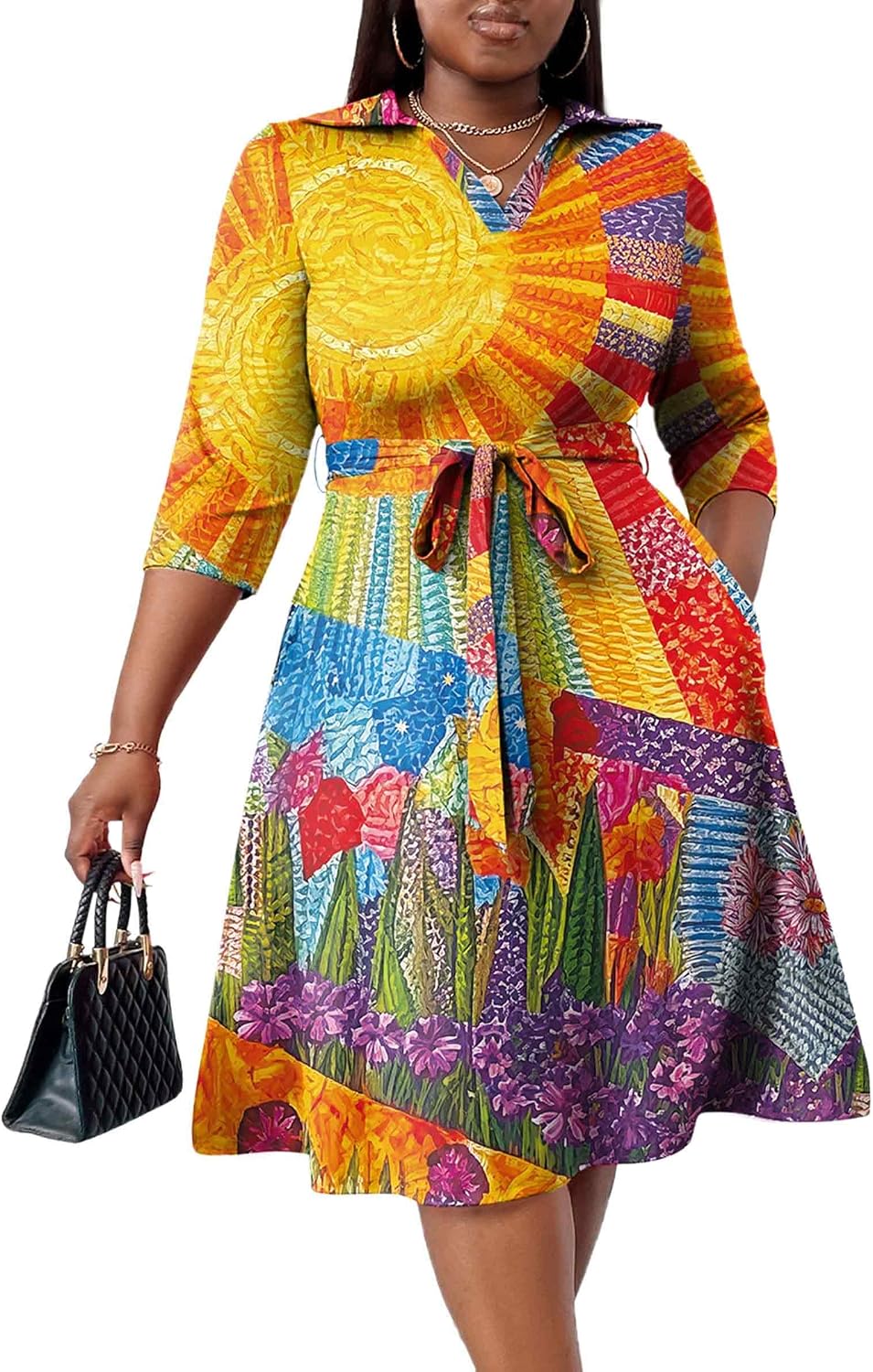 FANDEE Plus Size Midi Dress for Women Casual - Fit and Flare Summer Dresses | Semi Formal,African Print,Polo Collar Cocktail Dress,With Pockets And Belt