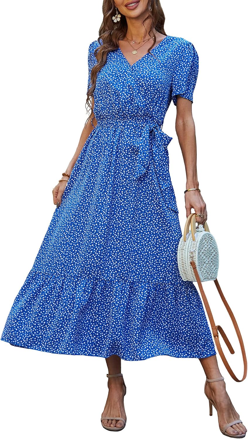 PRETTYGARDEN Women's Summer Floral Boho Maxi Dress | Short Sleeve Wrap V Neck, Long Flowy Ruffle Dresses, Spring Wedding Guest Outfits for Beach Vacation, Resort Wear, Tea Party