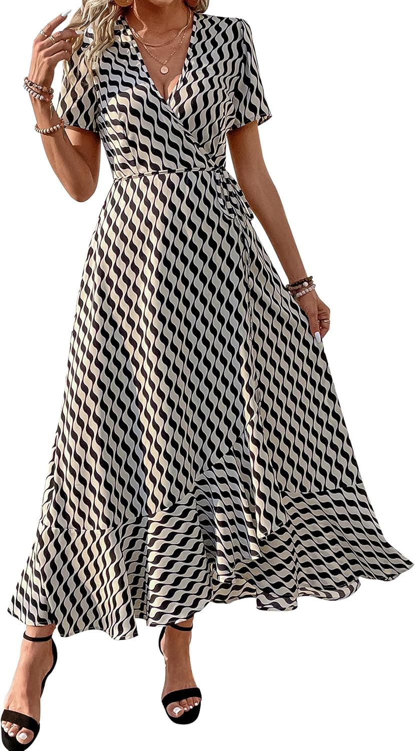 PRETTYGARDEN Women's Boho Floral Summer Maxi Dresses | Short Sleeve Wrap V Neck, Long Flowy Sundress, Spring Wedding Guest Party Outfits, Ruffle Beach Vacation Dress, Resort Wear
