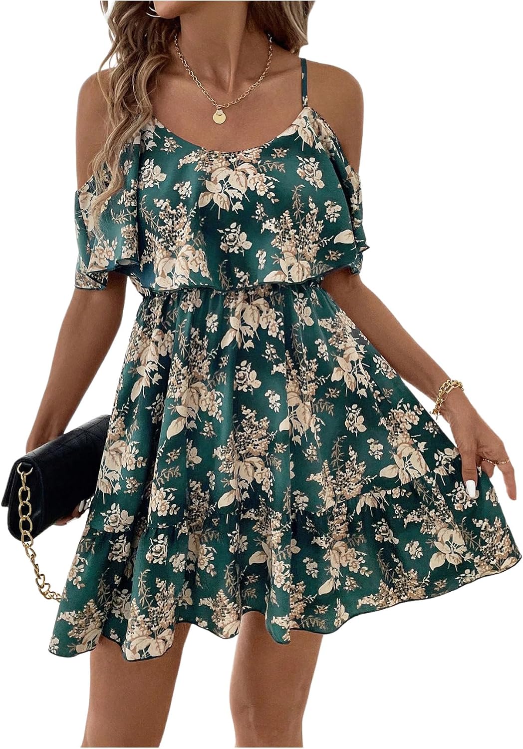SOLY HUX Women's Summer Floral Mini Dress Cold Shoulder Ruffle Dresses | Boho, Short Sleeve, A Line, Vacation, Sundress