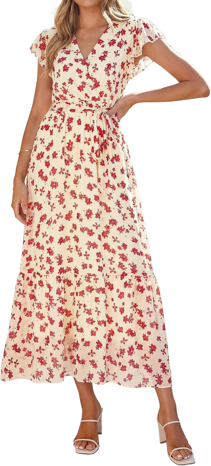 PRETTYGARDEN Women's Summer Floral Boho Maxi Dress | Short Sleeve Wrap V Neck, Long Flowy Ruffle Dresses, Spring Wedding Guest Outfits for Beach Vacation, Resort Wear, Tea Party
