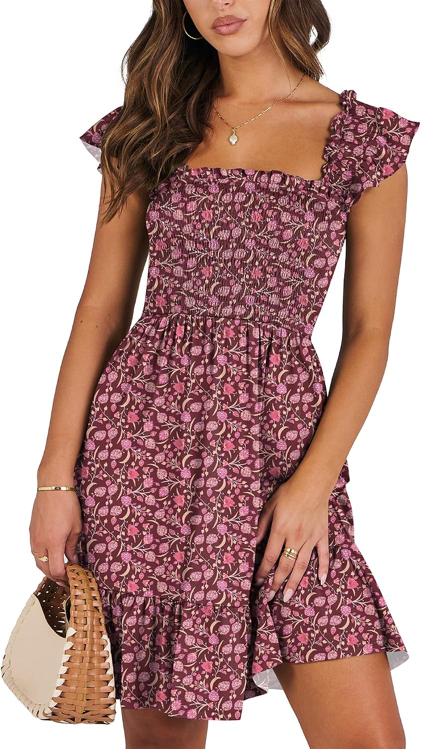ANRABESS Womens Casual Summer Dress Boho Smocked Beach Cute Teen Sundress | Ruffle Backless Square Neck Sleeveless Short Dress, Slim Fit Tiered Floral Mini Dresses for Everyday, 2026 Vacation Outfits