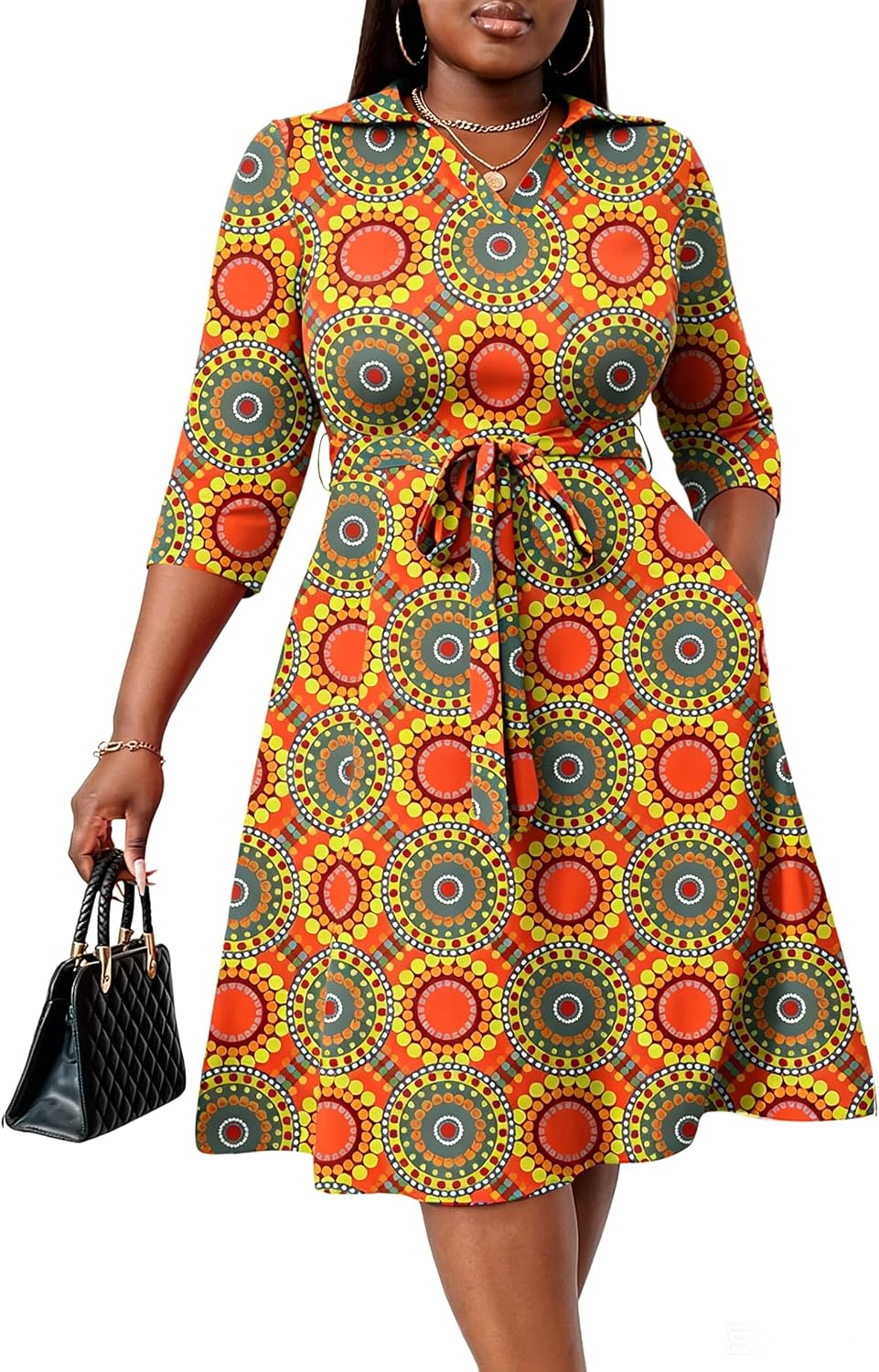 FANDEE Plus Size Midi Dress for Women Casual - Fit and Flare Summer Dresses | Semi Formal,African Print,Polo Collar Cocktail Dress,With Pockets And Belt
