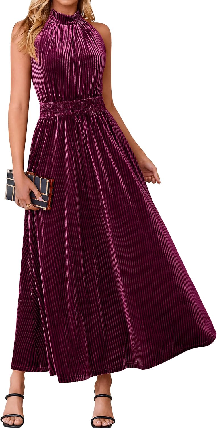 Simplee Womens Velvet Elegant Halter Neck Semi Formal Wedding Guest Dresses | 2026 Trendy, Empire Waist, A Line, Sleeveless, Flowy Maxi, Evening Party, Holiday, Long Cocktail, Prom, Fall Winter Fashion
