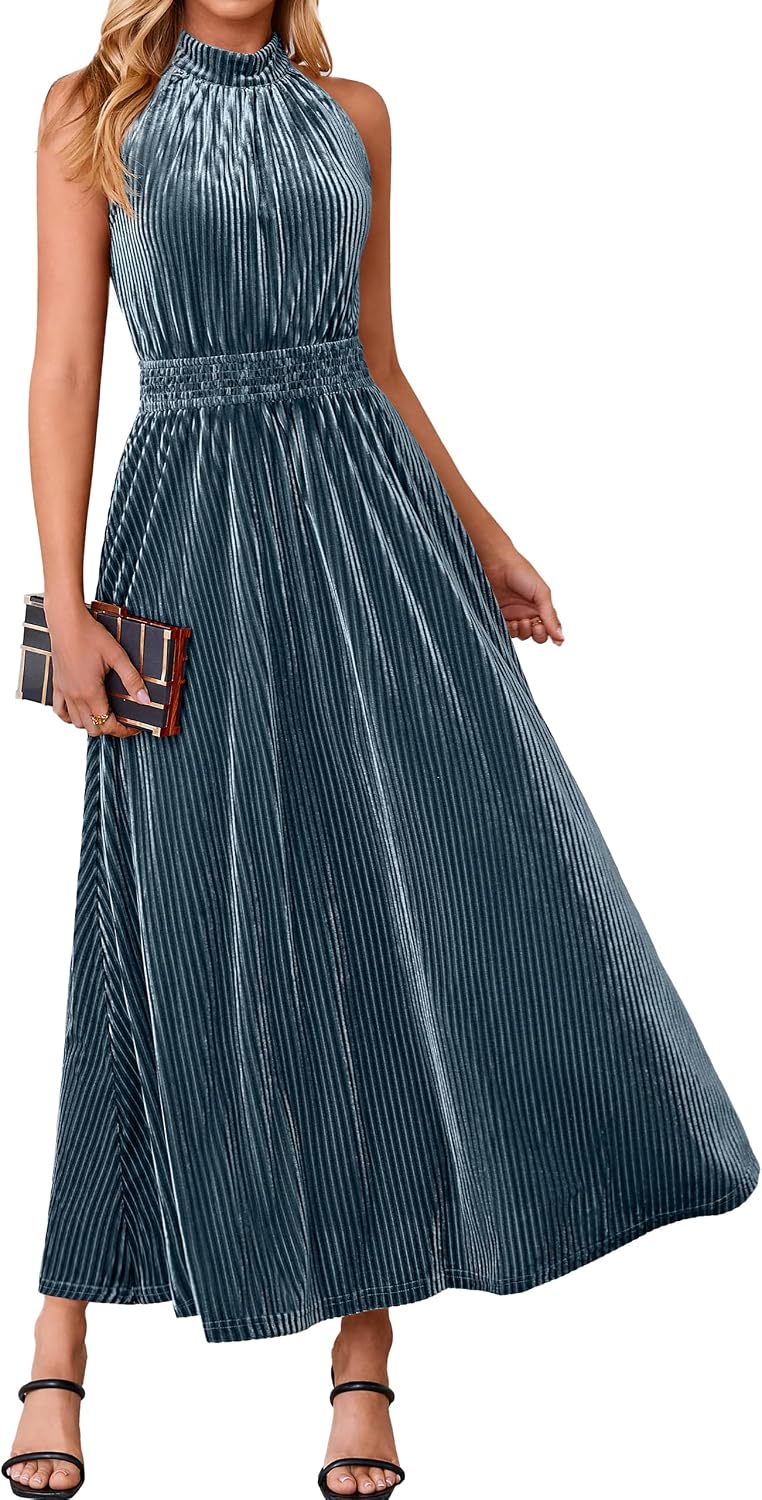 Simplee Womens Velvet Elegant Halter Neck Semi Formal Wedding Guest Dresses | 2026 Trendy, Empire Waist, A Line, Sleeveless, Flowy Maxi, Evening Party, Holiday, Long Cocktail, Prom, Fall Winter Fashion