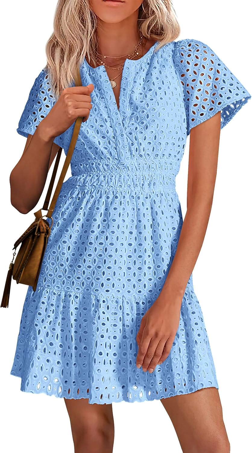 PRETTYGARDEN Women's Summer Eyelet Lace Short Dresses | Embroidered Hollow Out, Short Sleeve V Neck, Ruffle A Line, Cute Casual Trendy, Party Wedding Guest, Beach Vacation Clothes