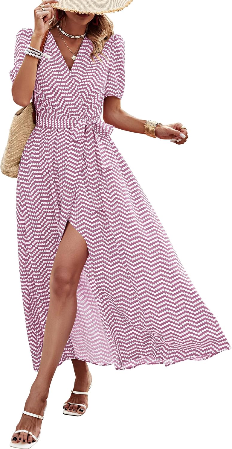 PRETTYGARDEN Women's Boho Floral Summer Maxi Dresses | Short Sleeve Wrap V Neck, Long Flowy Sundress, Spring Wedding Guest Party Outfits, Ruffle Beach Vacation Dress, Resort Wear