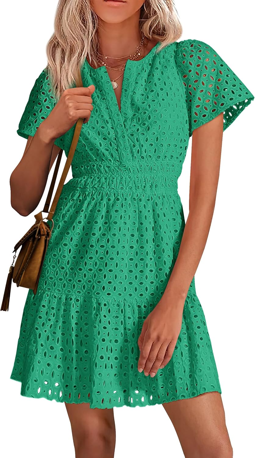 PRETTYGARDEN Women's Summer Eyelet Lace Short Dresses | Embroidered Hollow Out, Short Sleeve V Neck, Ruffle A Line, Cute Casual Trendy, Party Wedding Guest, Beach Vacation Clothes