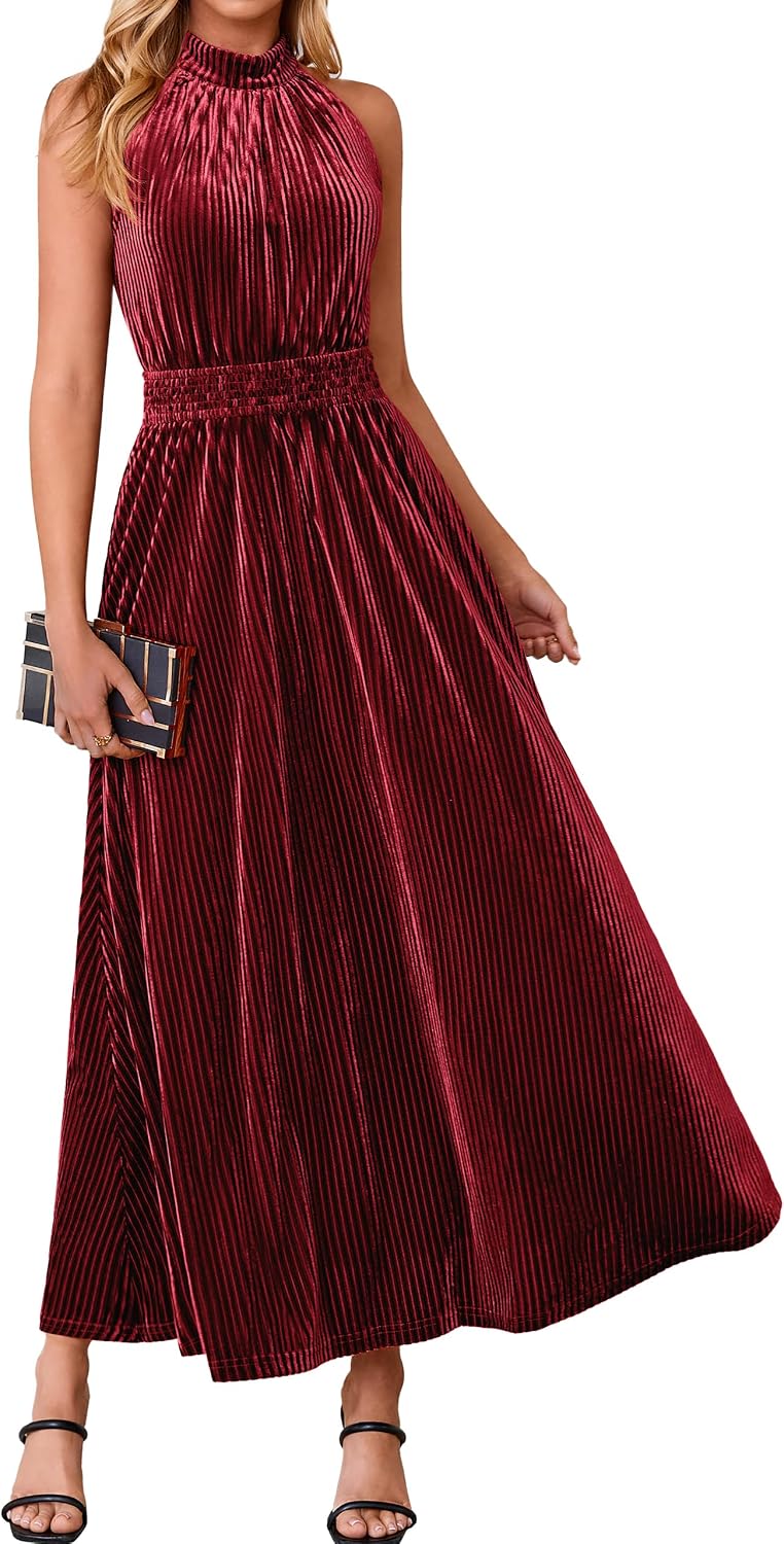 Simplee Womens Velvet Elegant Halter Neck Semi Formal Wedding Guest Dresses | 2026 Trendy, Empire Waist, A Line, Sleeveless, Flowy Maxi, Evening Party, Holiday, Long Cocktail, Prom, Fall Winter Fashion