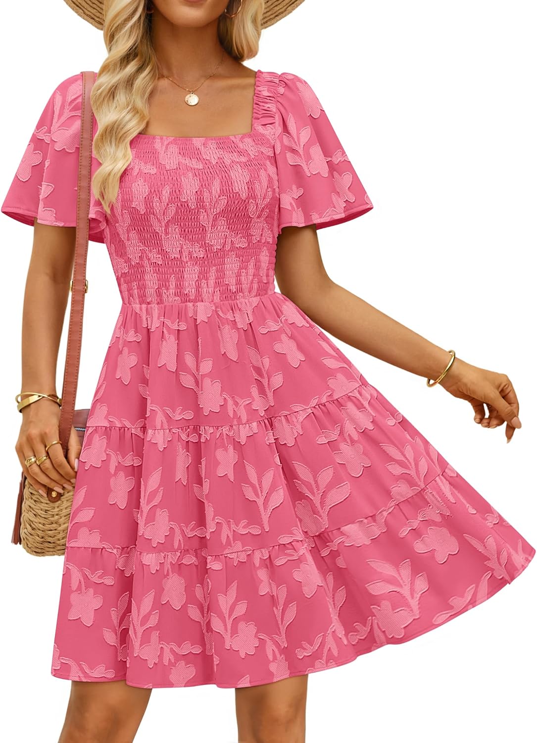ZESICA Women's 2026 Summer Boho Floral Flowy Mini Dresses | Elegant Short Dress, Swing A Line Dress, Smocked Ruffle, Cute Sundress, Short Sleeve, Square Neck, Beach Vacation Dress