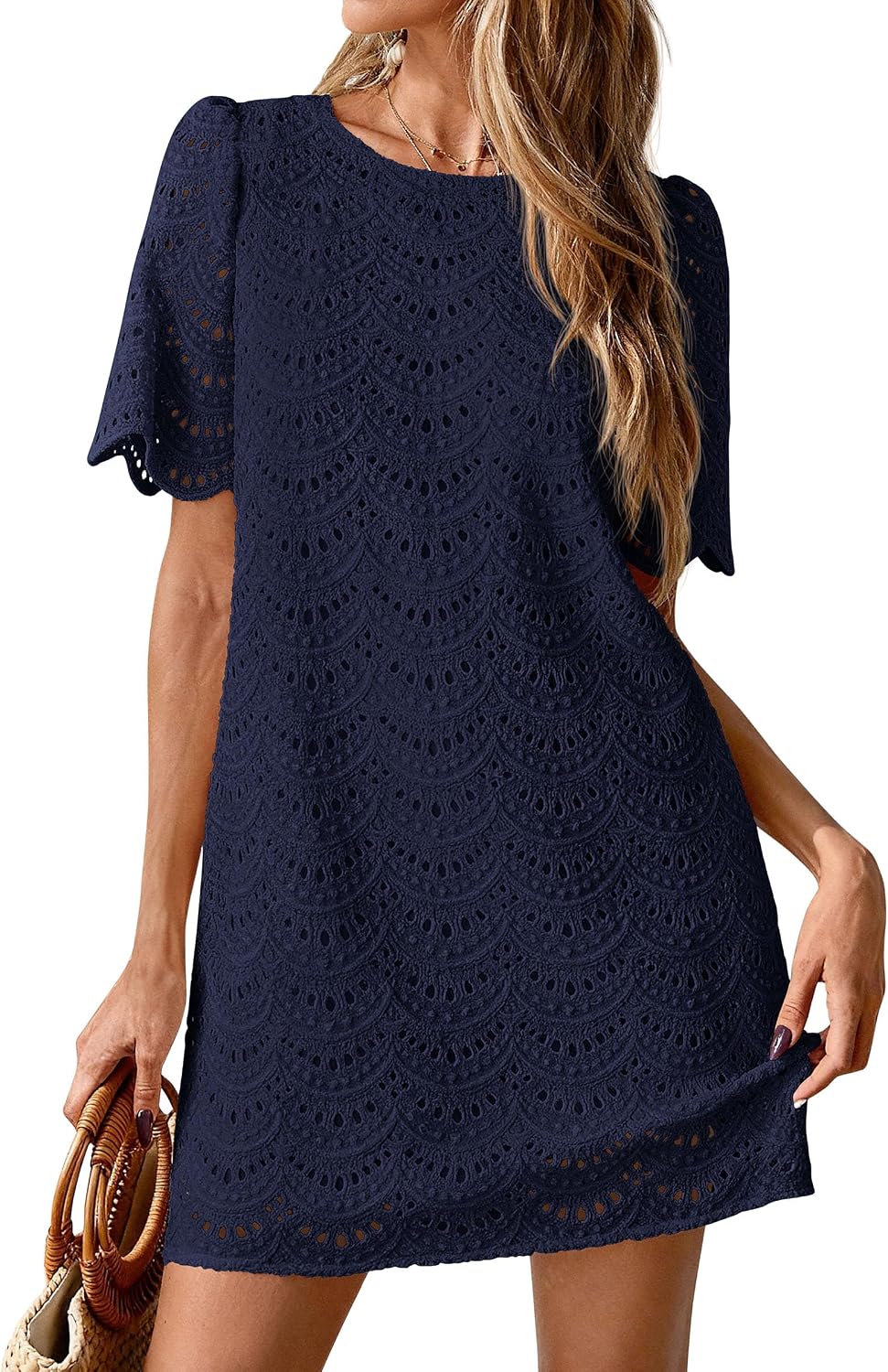 PRETTYGARDEN Women's Summer Eyelet Lace Short Dress | Hollow Out Embroidered, Short Sleeve Crewneck, Cute Wavy Cuff, Mini Shift, Boho Casual, Elegant Party, Beach Vacation Clothes