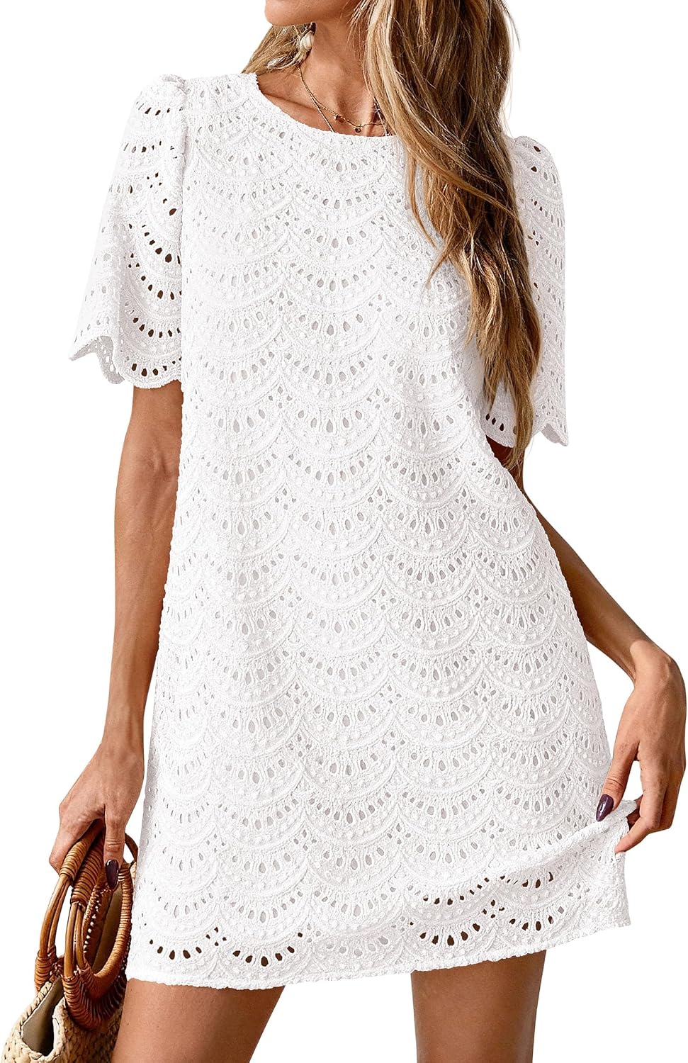 PRETTYGARDEN Women's Summer Eyelet Lace Short Dress | Hollow Out Embroidered, Short Sleeve Crewneck, Cute Wavy Cuff, Mini Shift, Boho Casual, Elegant Party, Beach Vacation Clothes