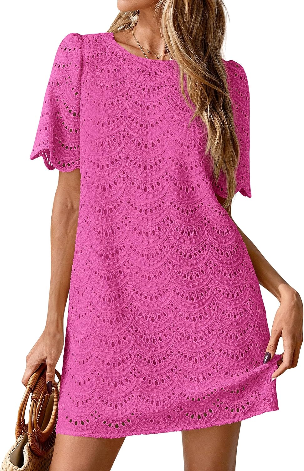 PRETTYGARDEN Women's Summer Eyelet Lace Short Dress | Hollow Out Embroidered, Short Sleeve Crewneck, Cute Wavy Cuff, Mini Shift, Boho Casual, Elegant Party, Beach Vacation Clothes