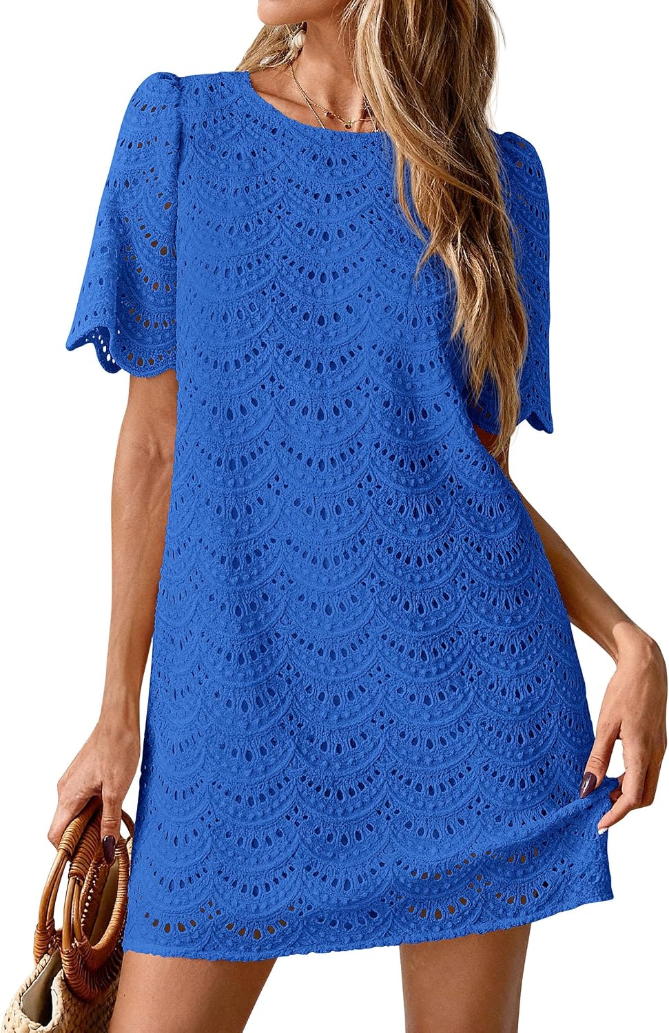 PRETTYGARDEN Women's Summer Eyelet Lace Short Dress | Hollow Out Embroidered, Short Sleeve Crewneck, Cute Wavy Cuff, Mini Shift, Boho Casual, Elegant Party, Beach Vacation Clothes