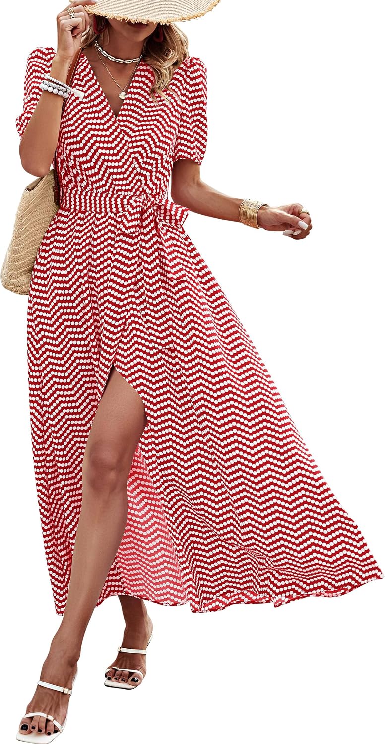 PRETTYGARDEN Women's Boho Floral Summer Maxi Dresses | Short Sleeve Wrap V Neck, Long Flowy Sundress, Spring Wedding Guest Party Outfits, Ruffle Beach Vacation Dress, Resort Wear