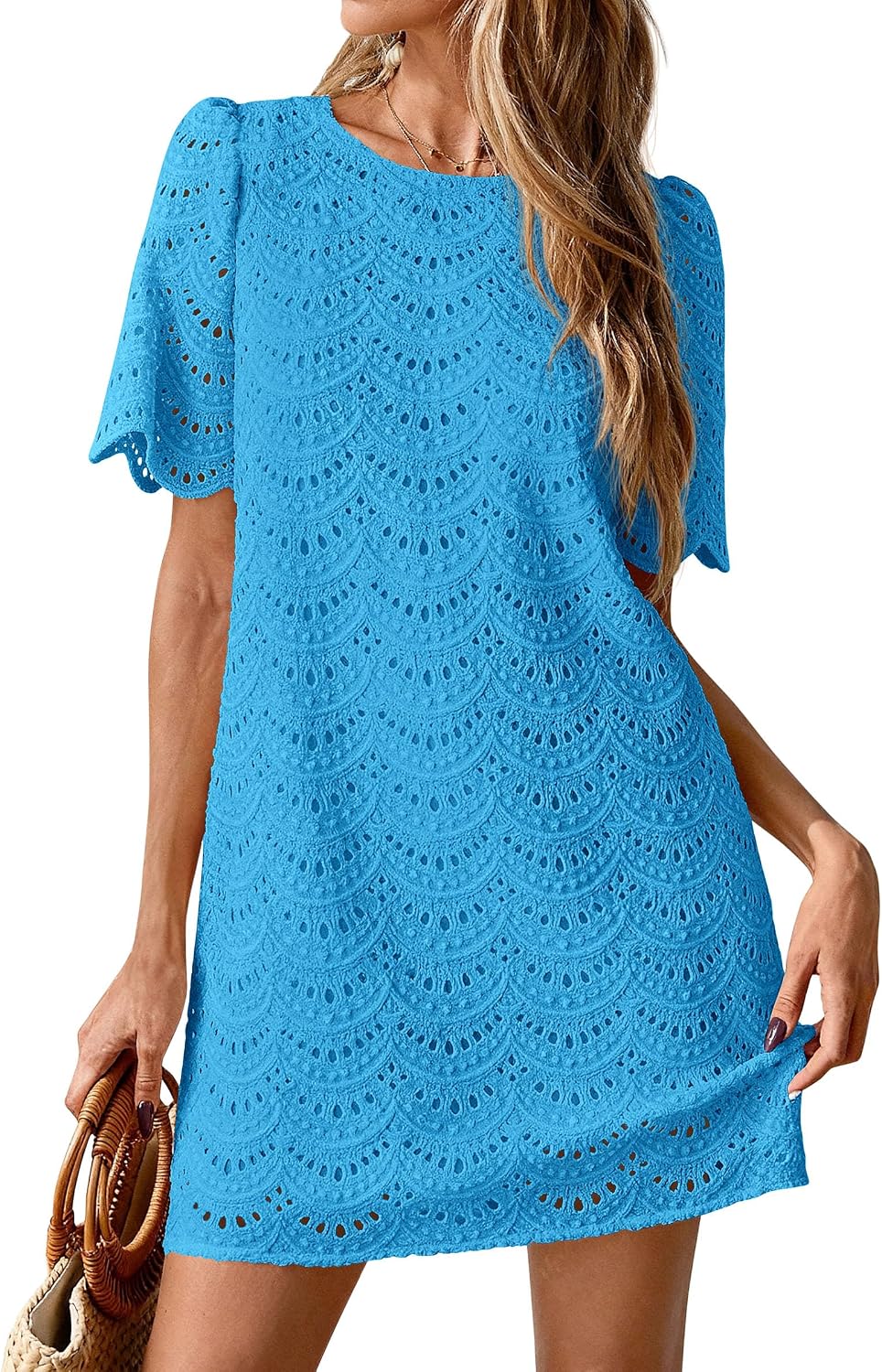 PRETTYGARDEN Women's Summer Eyelet Lace Short Dress | Hollow Out Embroidered, Short Sleeve Crewneck, Cute Wavy Cuff, Mini Shift, Boho Casual, Elegant Party, Beach Vacation Clothes
