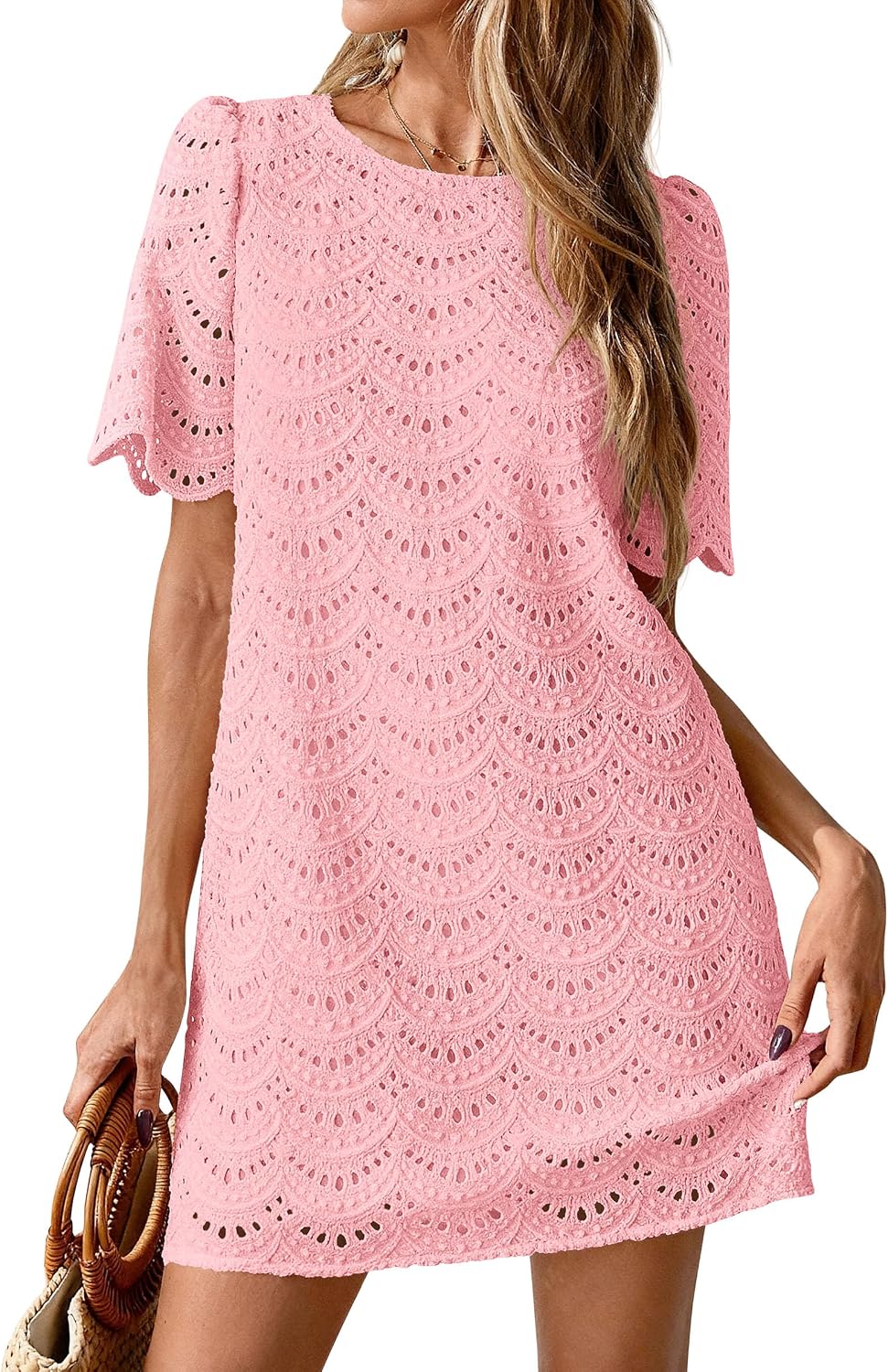 PRETTYGARDEN Women's Summer Eyelet Lace Short Dress | Hollow Out Embroidered, Short Sleeve Crewneck, Cute Wavy Cuff, Mini Shift, Boho Casual, Elegant Party, Beach Vacation Clothes