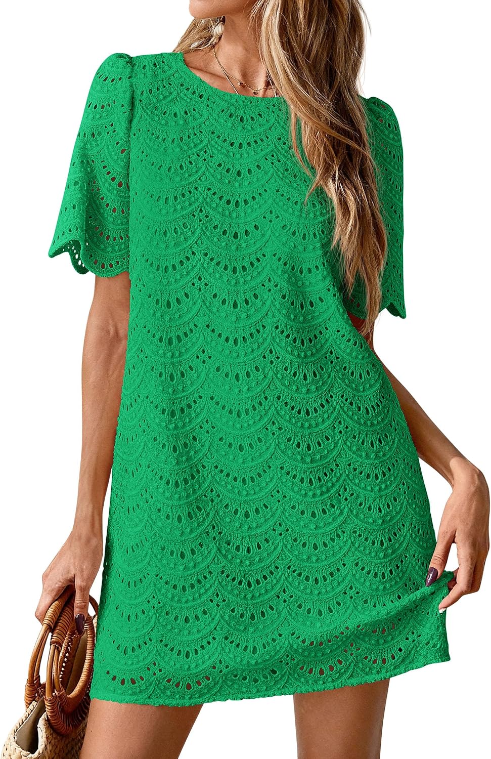 PRETTYGARDEN Women's Summer Eyelet Lace Short Dress | Hollow Out Embroidered, Short Sleeve Crewneck, Cute Wavy Cuff, Mini Shift, Boho Casual, Elegant Party, Beach Vacation Clothes